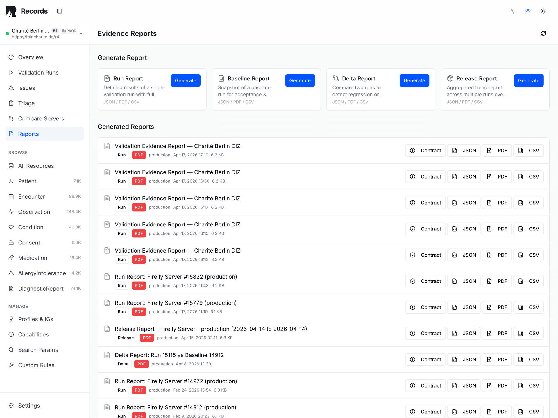 Evidence Reports page — Run, Baseline, Delta, and Release report types with generated reports list