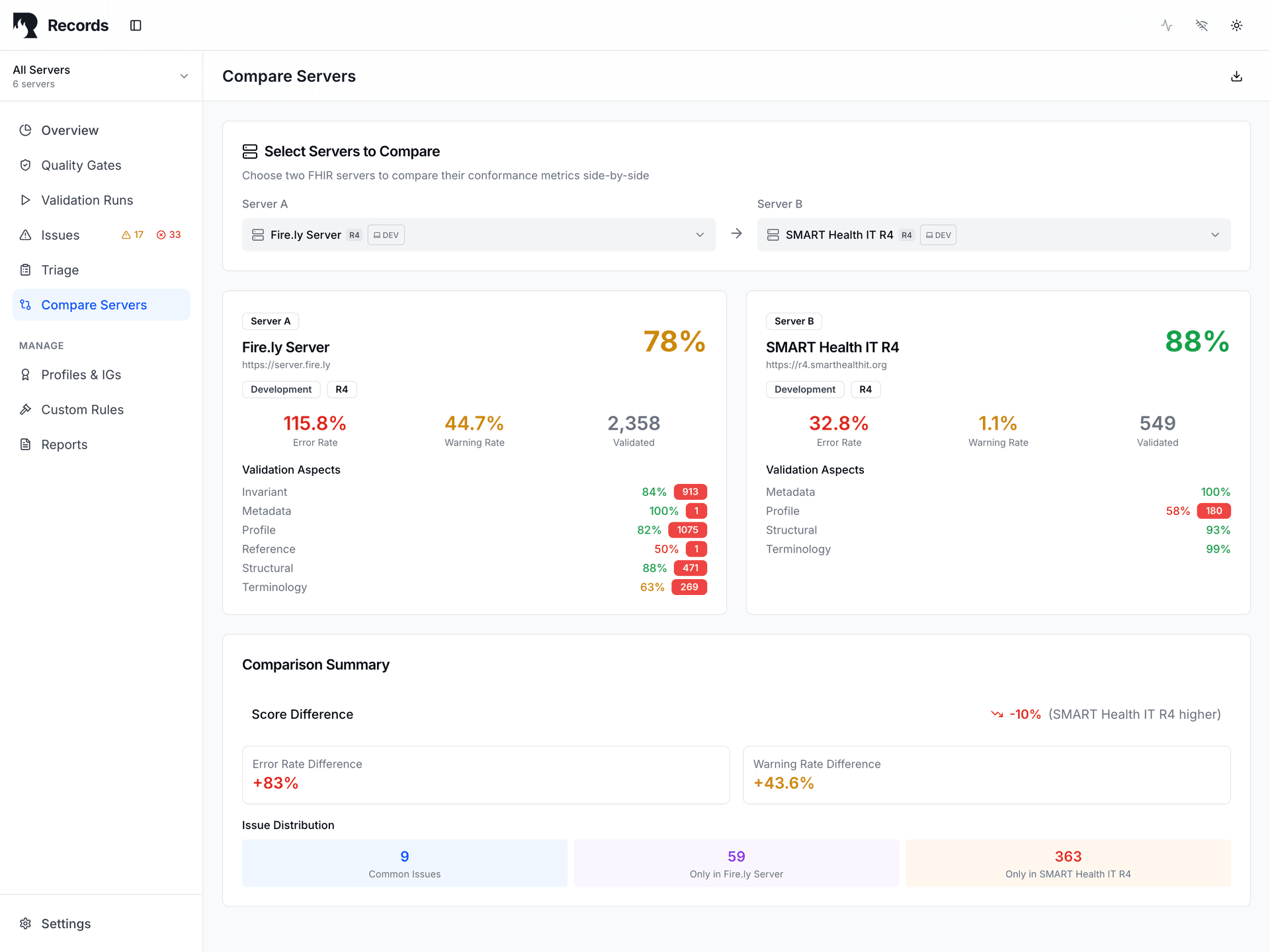 Side-by-side server comparison view