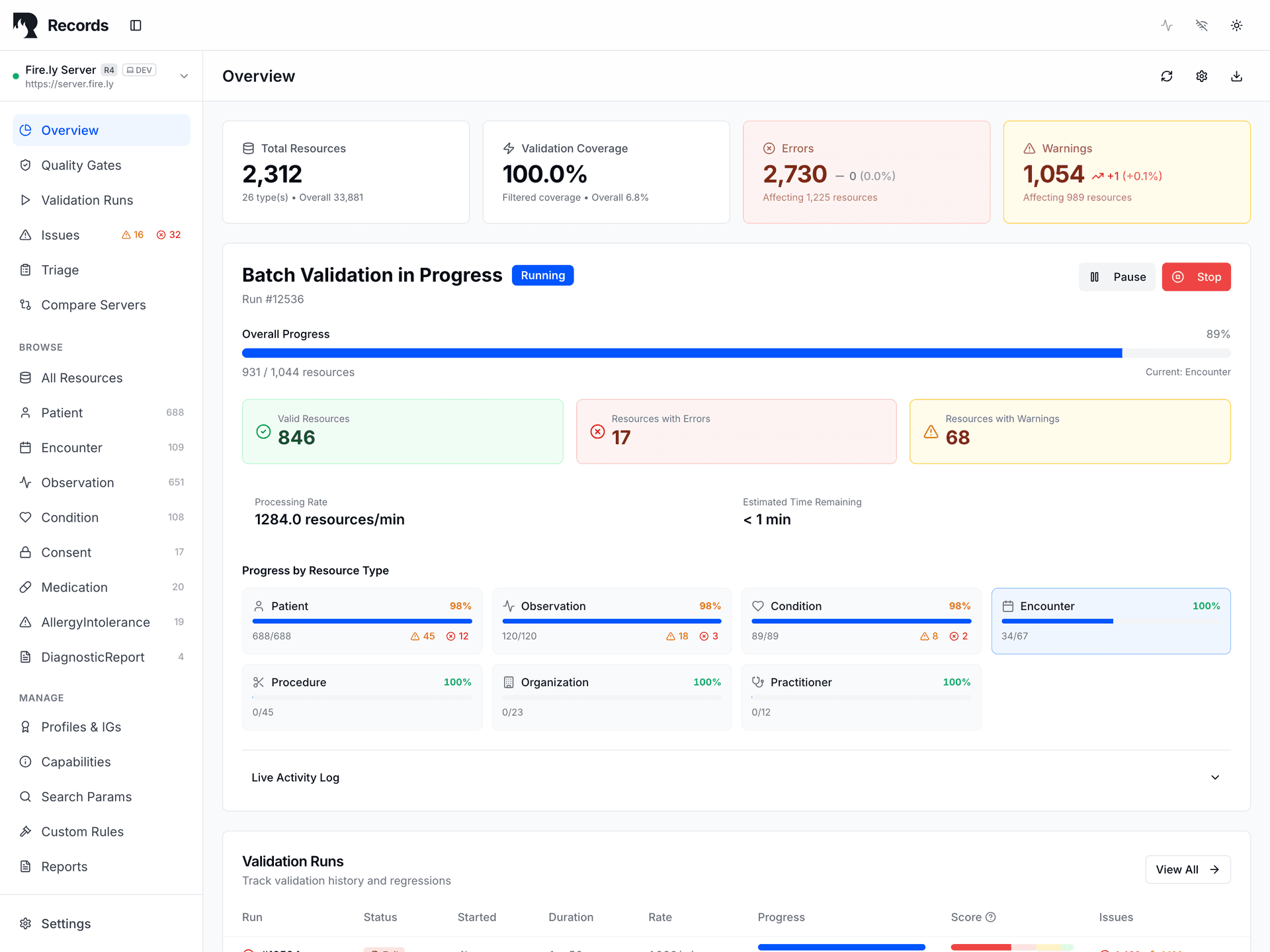 Records Dashboard showing batch validation in progress