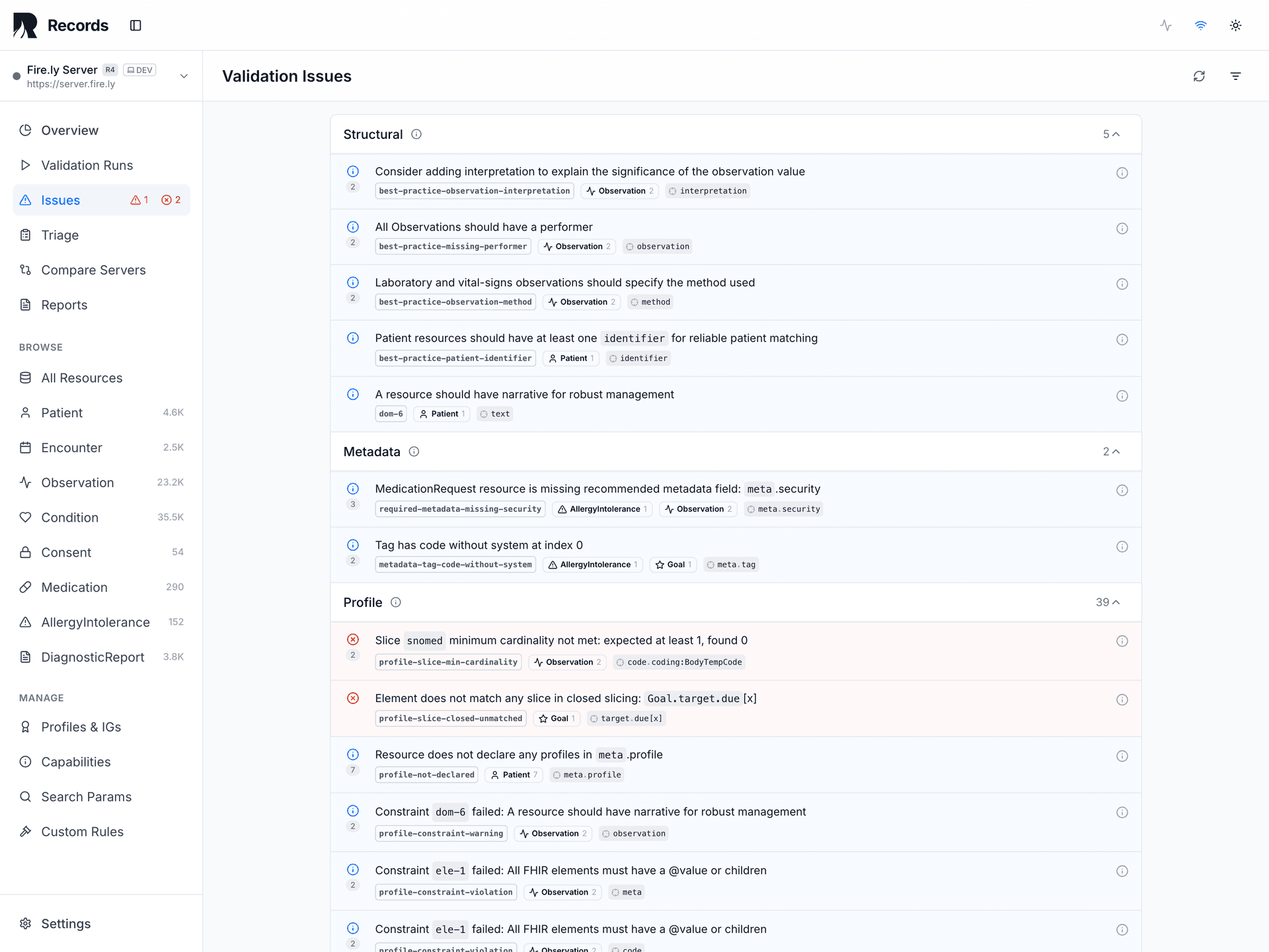 Issues overview — grouped by validation aspect with count badges