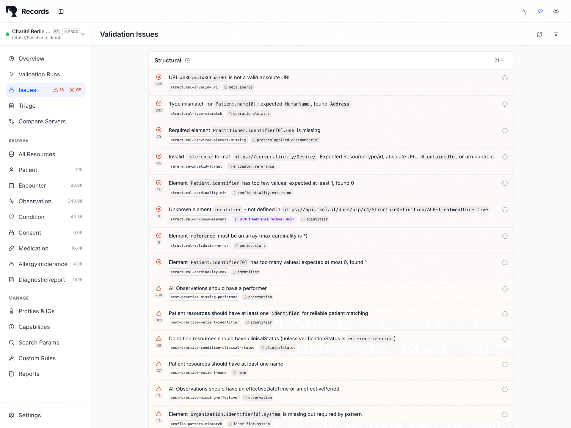 Issues overview — validation issue groups used as feedback for agentic FHIR workflows