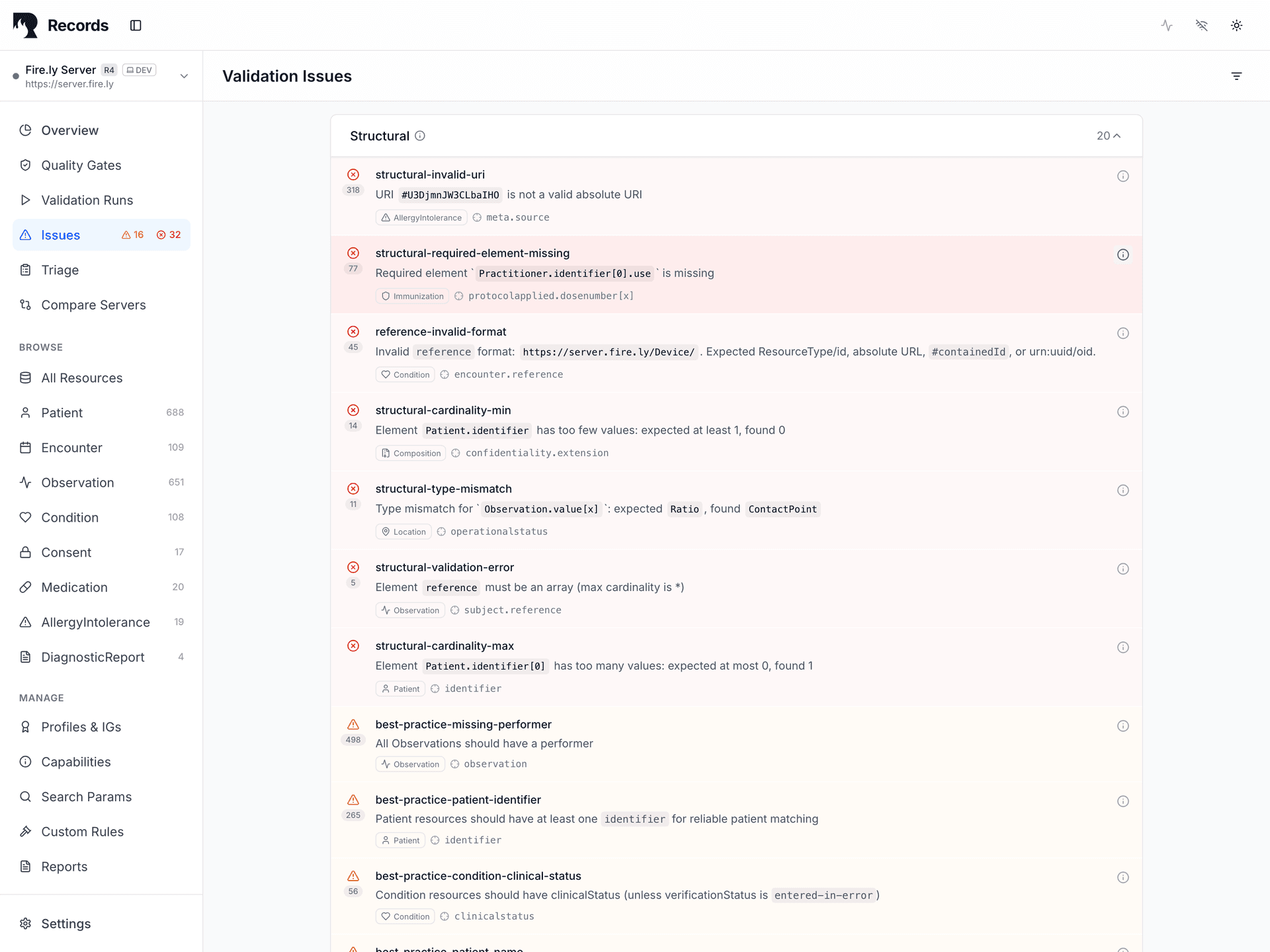 Records issues overview showing validation issue groups for agentic FHIR workflows