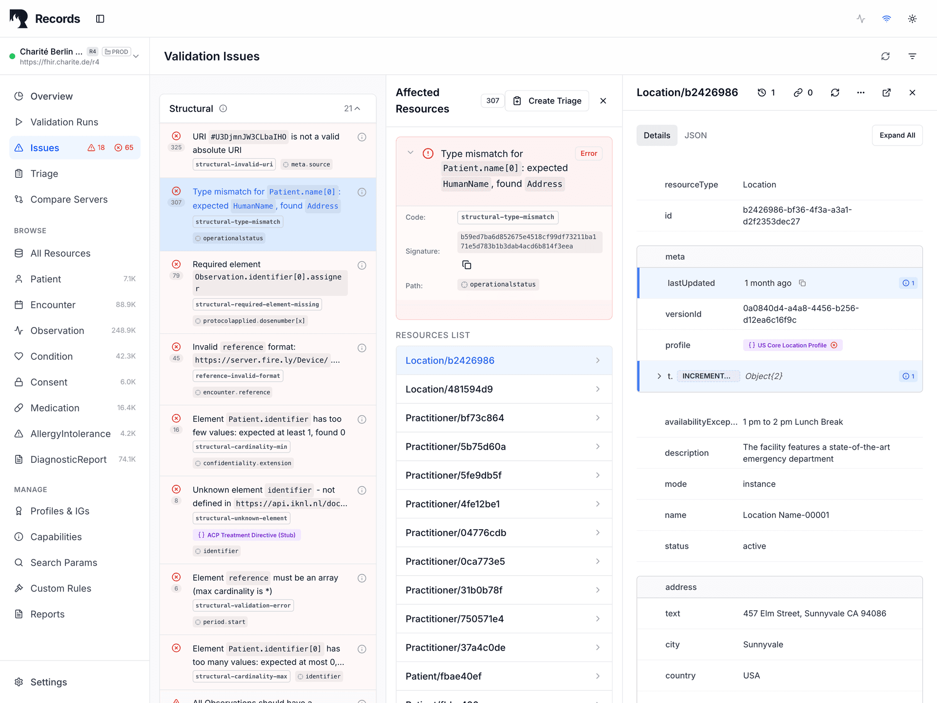 Issues view showing field-level validation error with contextual highlighting