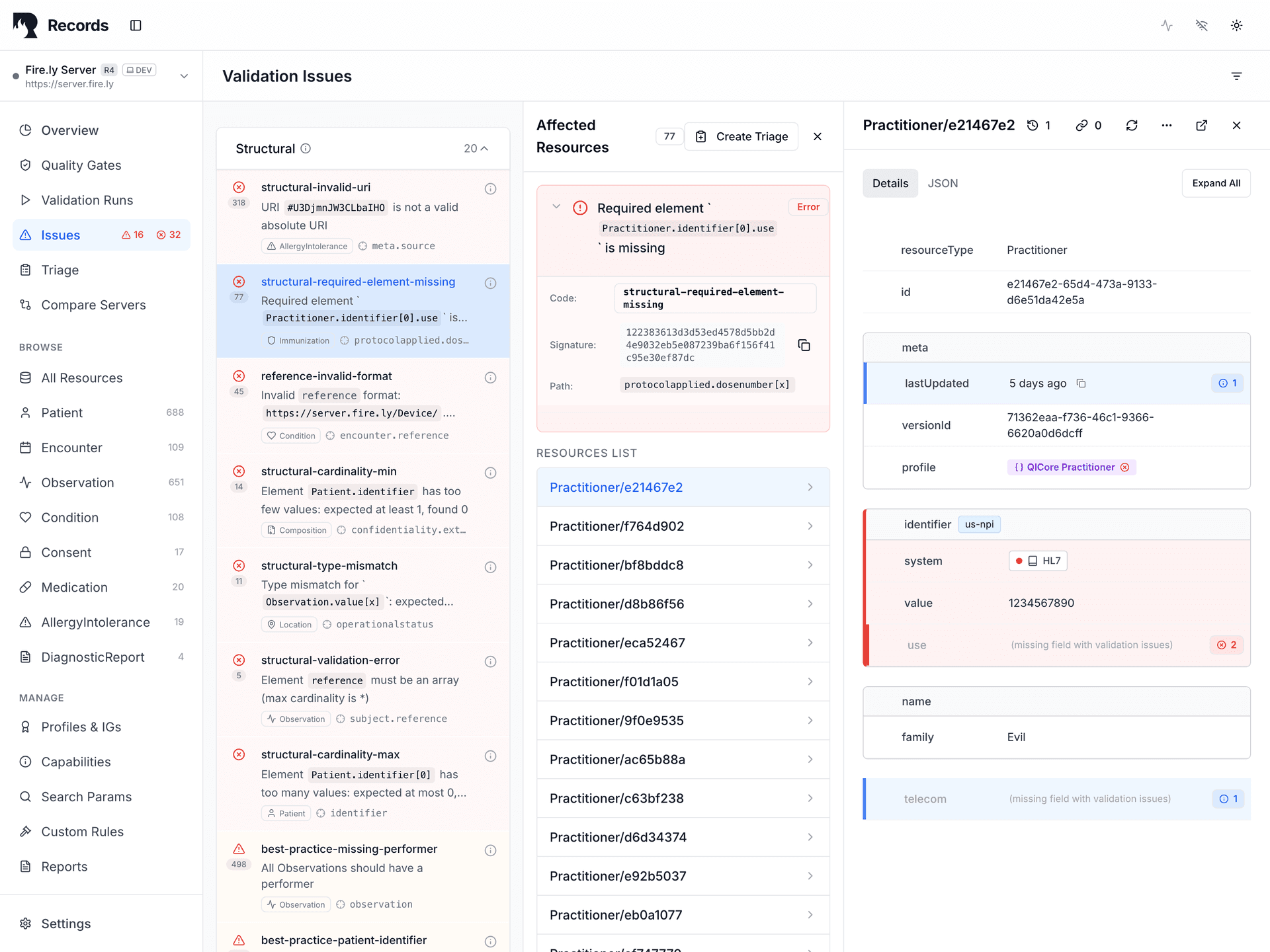 Issues view showing selected resource with validation errors
