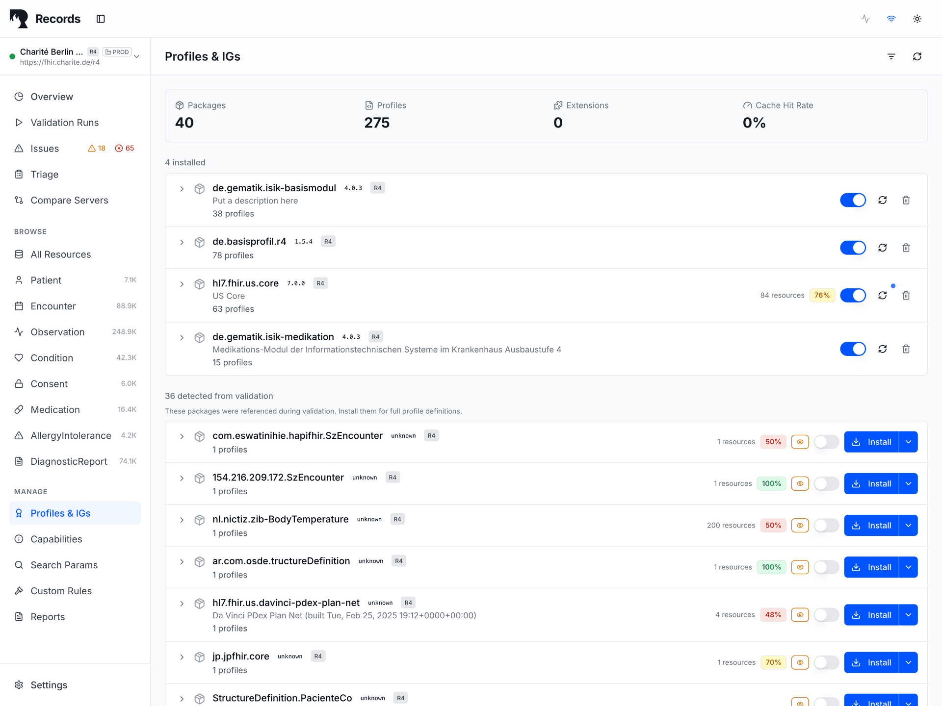 Records profile overview showing installed profile packages and validation profile coverage