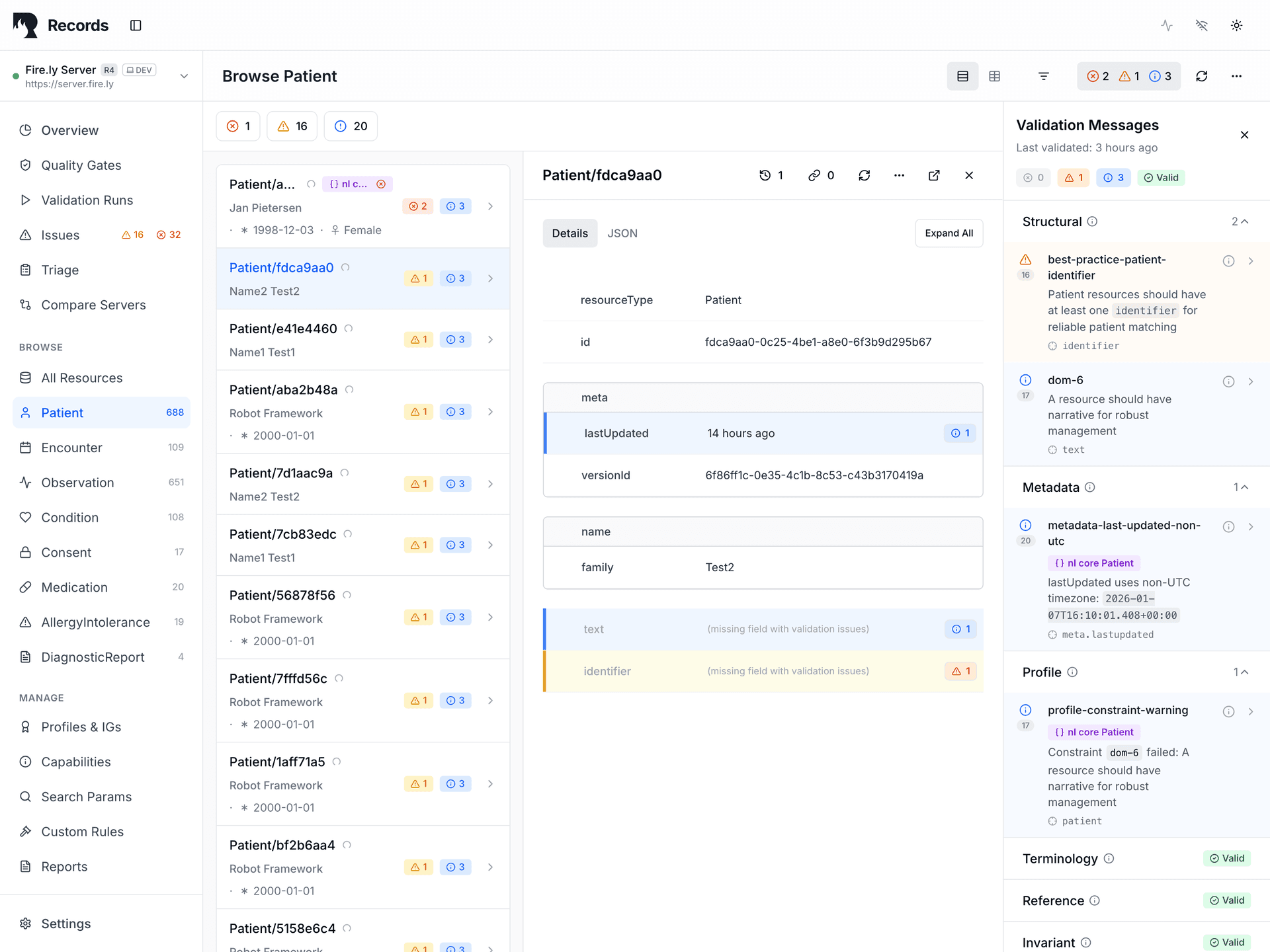 Resource browser showing a selected resource with validation error details