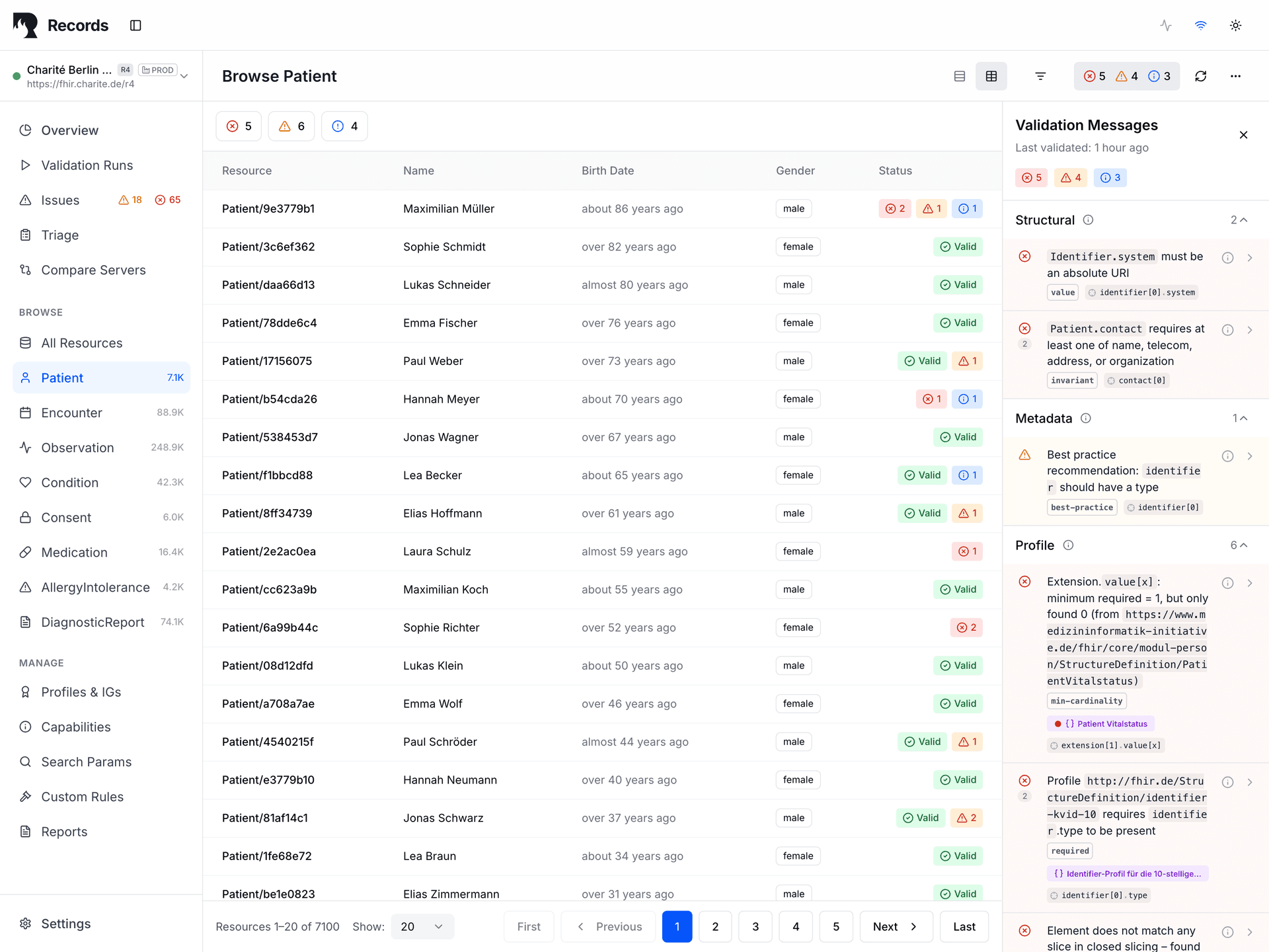 Resource table view with validation details