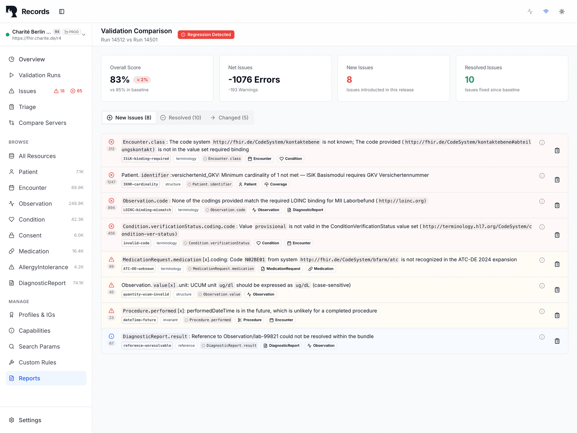 Validation comparison showing drift between two runs