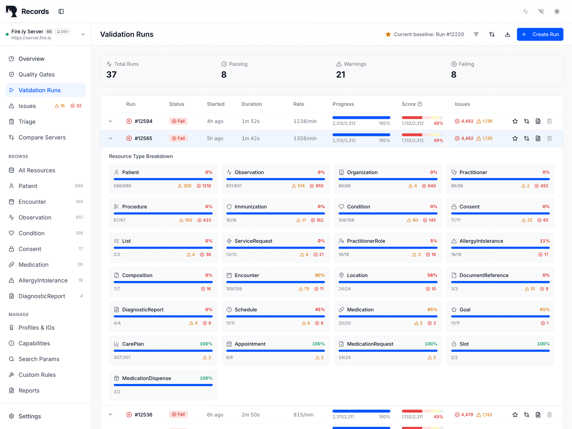 Validation runs showing selected run details