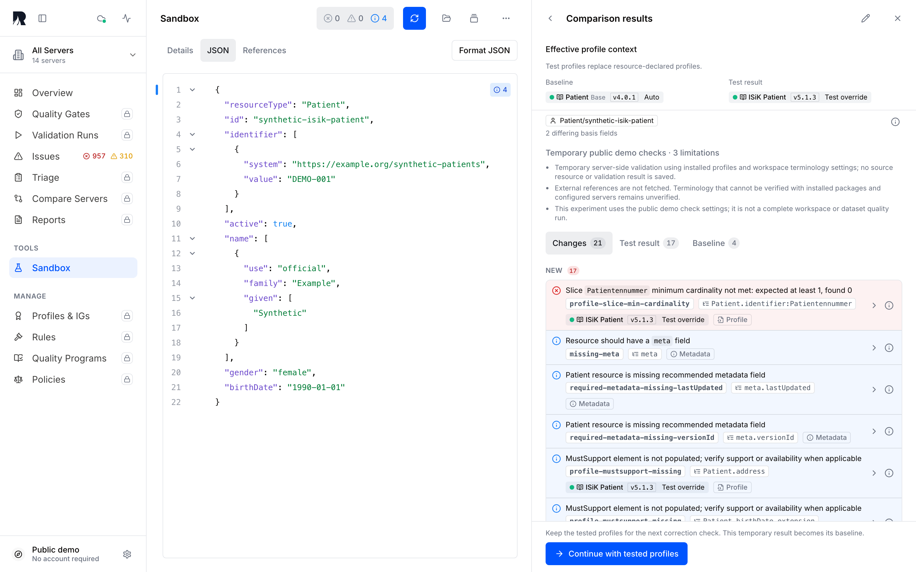 The live public sandbox compares the same synthetic Patient against FHIR R4 and ISiK Patient 5.1.3, showing the missing Patientennummer identifier requirement.